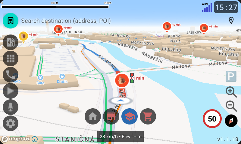 Predicted route drawn on the map without entering a destination, with live traffic, incident pins and a railway crossing warning