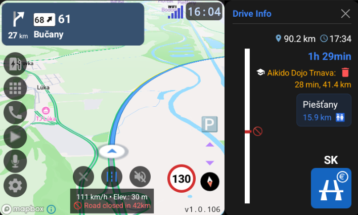 Drive info panel showing trip timeline with charging stops and ETA
