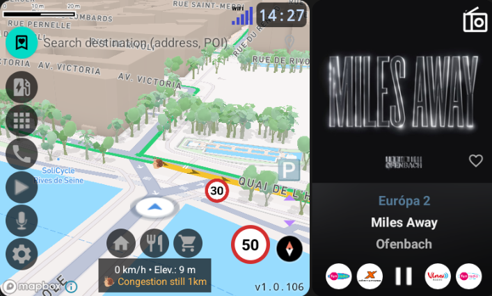 AI Car Launcher Hauptbildschirm mit Karte, Navigation und Musikplayer