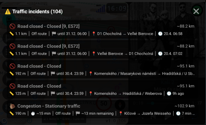 Traffic incidents list showing road closures and congestion alerts