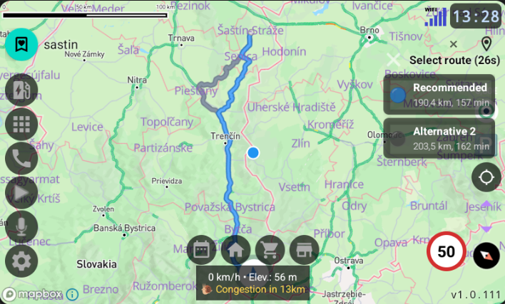 Route selection interface showing recommended and shortest route alternatives